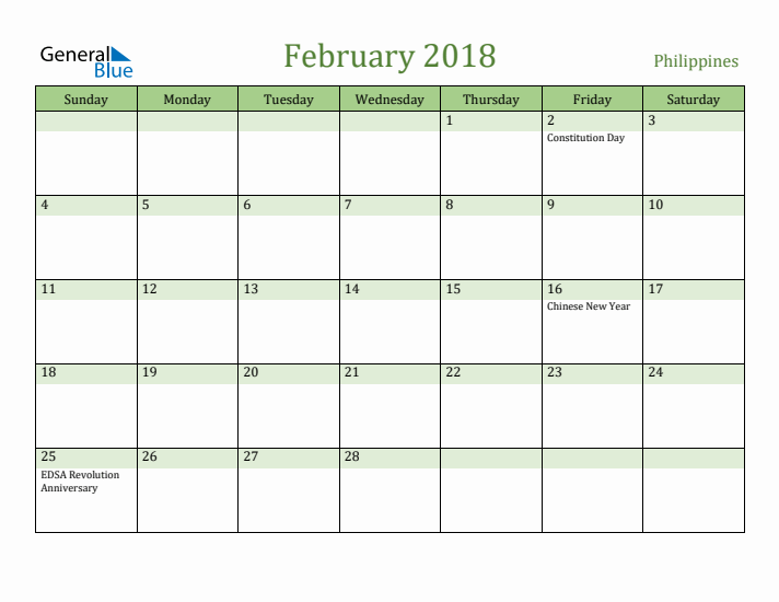 February 2018 Calendar with Philippines Holidays