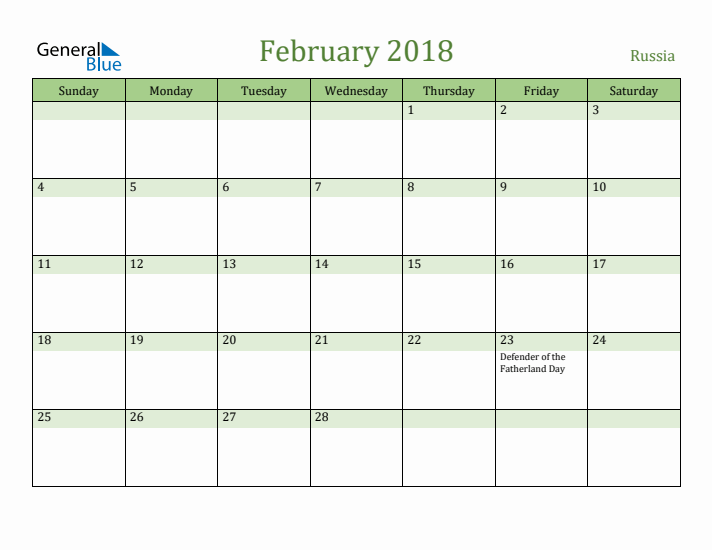 February 2018 Calendar with Russia Holidays