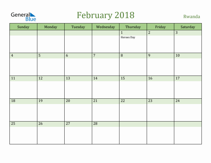 February 2018 Calendar with Rwanda Holidays