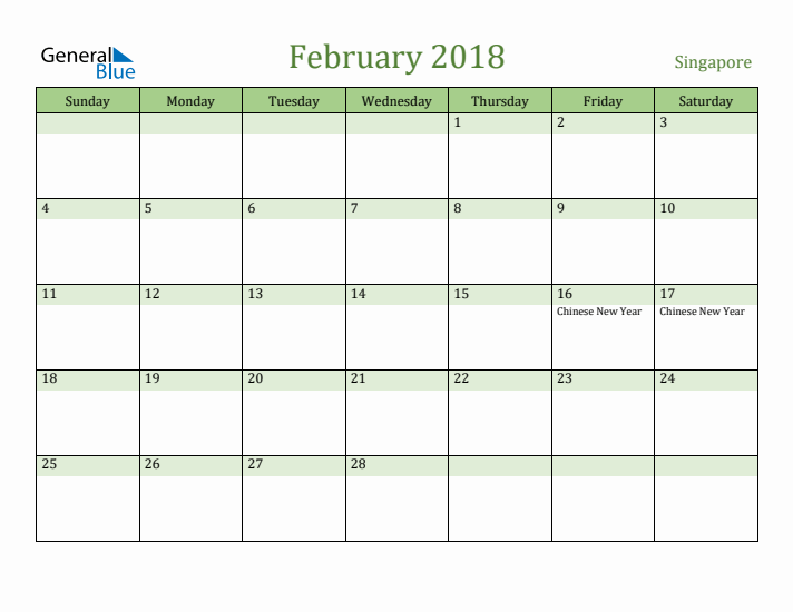 February 2018 Calendar with Singapore Holidays
