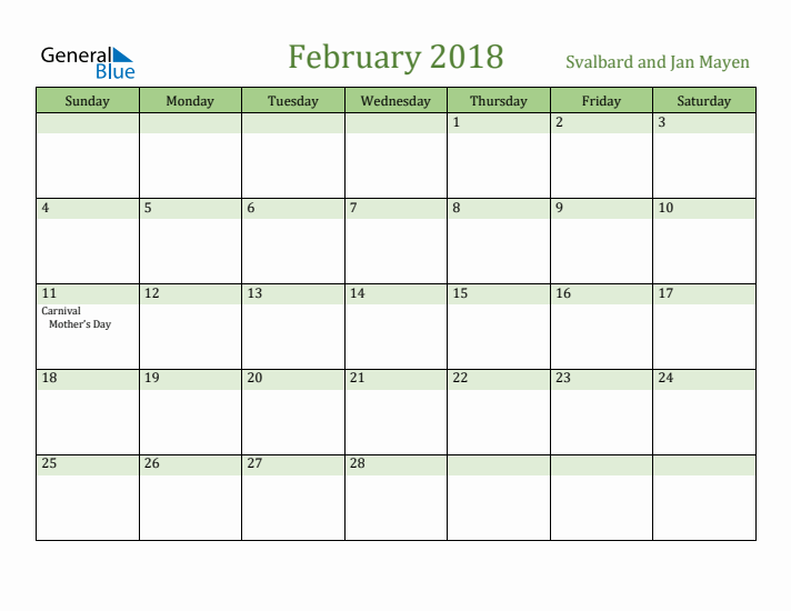 February 2018 Calendar with Svalbard and Jan Mayen Holidays