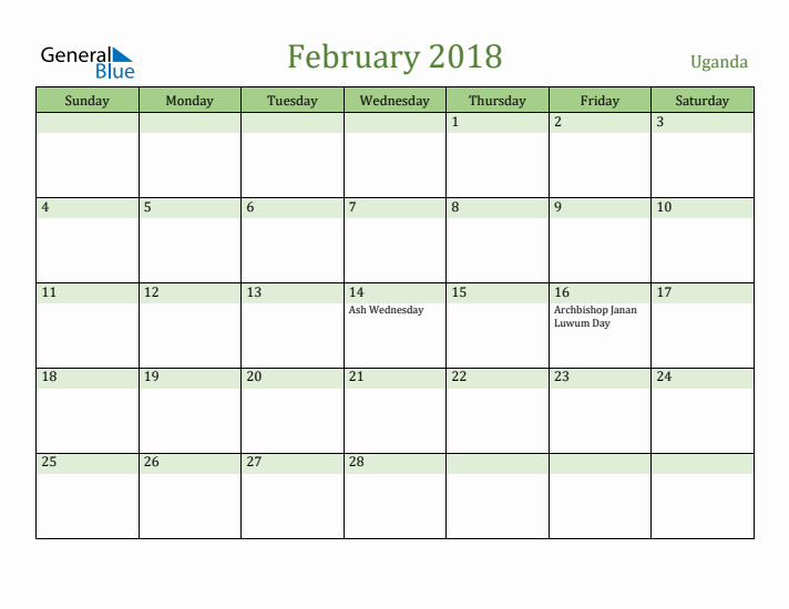 February 2018 Calendar with Uganda Holidays