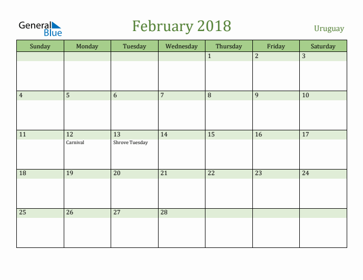 February 2018 Calendar with Uruguay Holidays