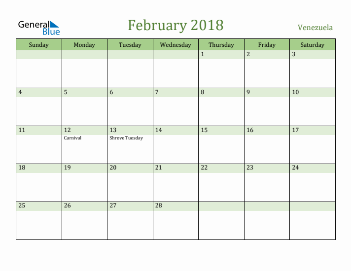 February 2018 Calendar with Venezuela Holidays