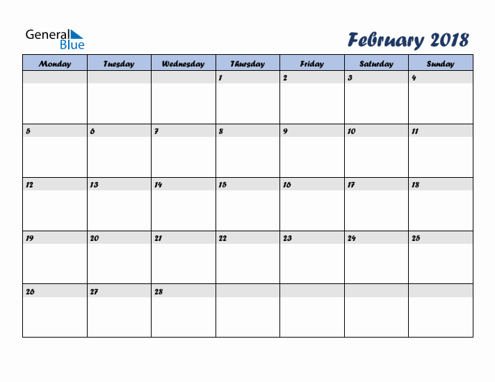 February 2018 Blue Calendar (Monday Start)