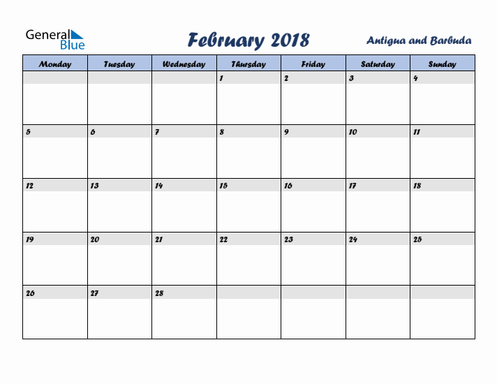 February 2018 Calendar with Holidays in Antigua and Barbuda