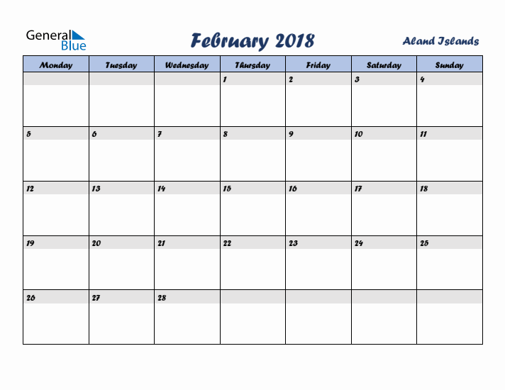 February 2018 Calendar with Holidays in Aland Islands