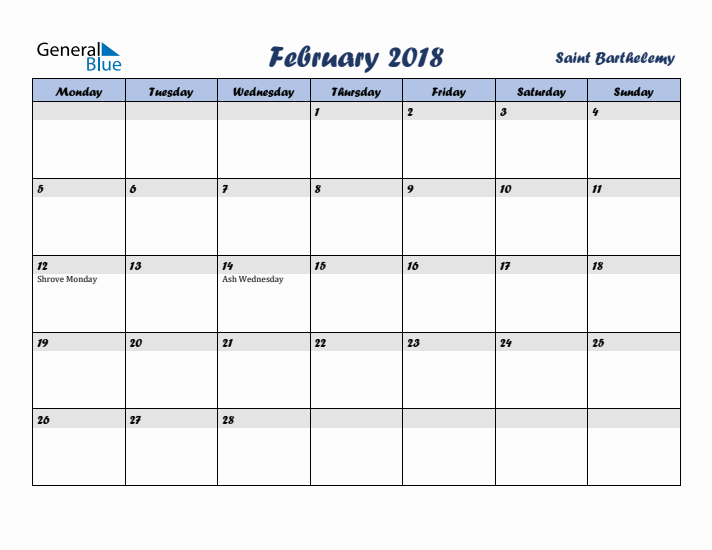 February 2018 Calendar with Holidays in Saint Barthelemy