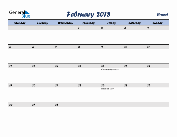 February 2018 Calendar with Holidays in Brunei