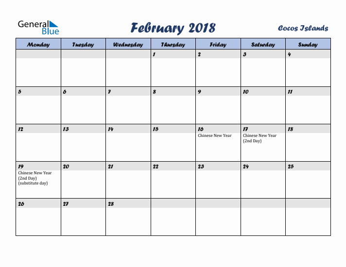 February 2018 Calendar with Holidays in Cocos Islands