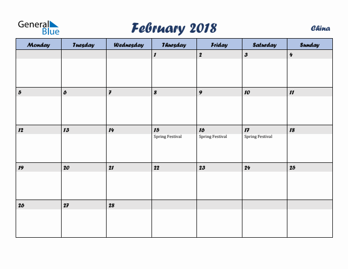 February 2018 Calendar with Holidays in China