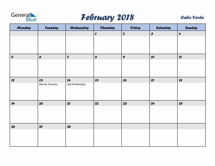 February 2018 Calendar with Holidays in Cabo Verde