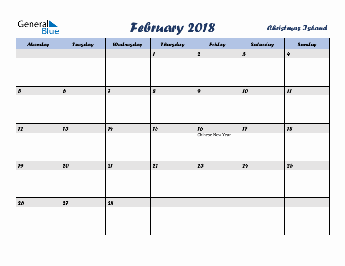 February 2018 Calendar with Holidays in Christmas Island
