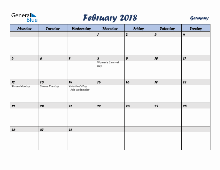 February 2018 Calendar with Holidays in Germany