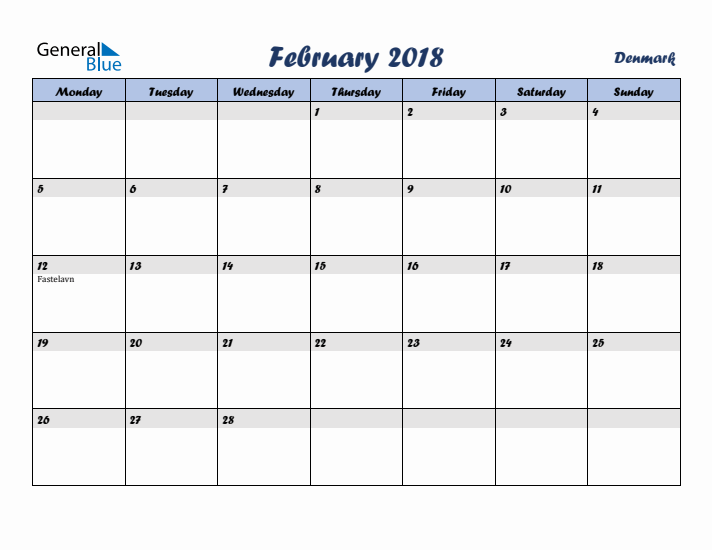 February 2018 Calendar with Holidays in Denmark