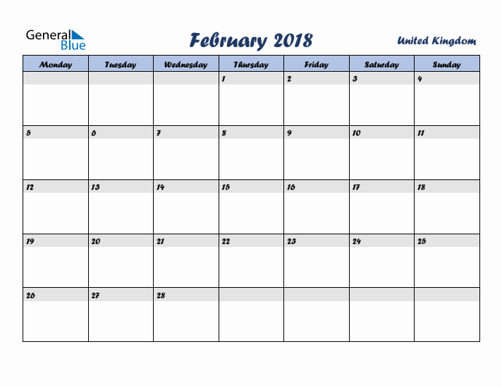 February 2018 Calendar with Holidays in United Kingdom