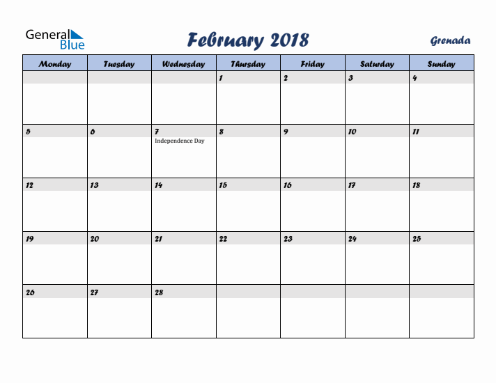 February 2018 Calendar with Holidays in Grenada