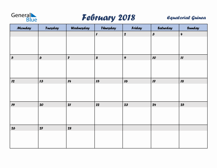 February 2018 Calendar with Holidays in Equatorial Guinea
