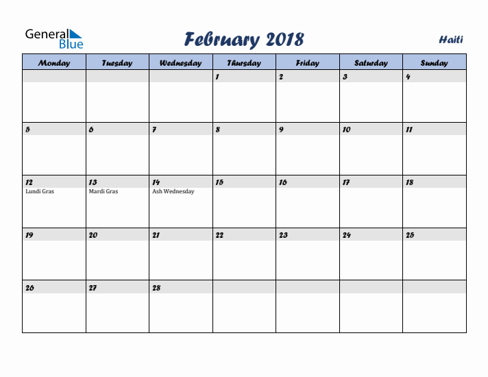February 2018 Calendar with Holidays in Haiti