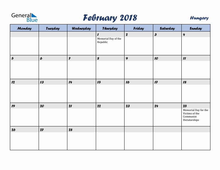 February 2018 Calendar with Holidays in Hungary