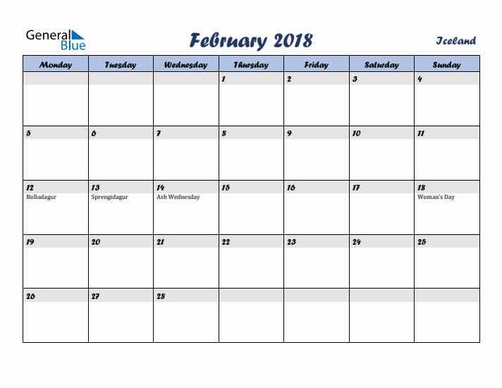 February 2018 Calendar with Holidays in Iceland