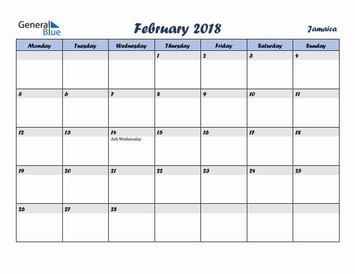 February 2018 Calendar with Holidays in Jamaica