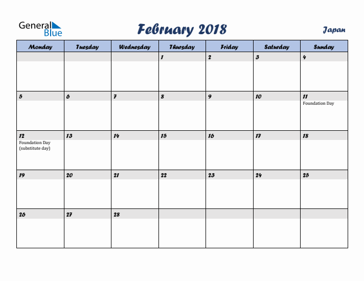 February 2018 Calendar with Holidays in Japan