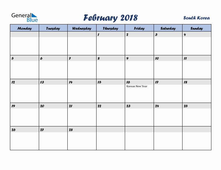 February 2018 Calendar with Holidays in South Korea