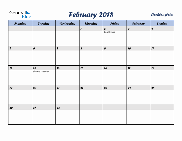 February 2018 Calendar with Holidays in Liechtenstein