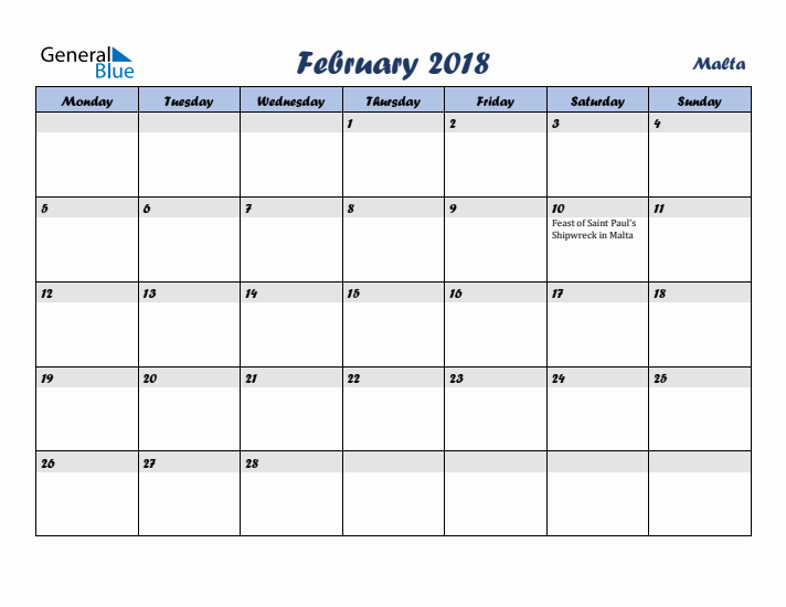 February 2018 Calendar with Holidays in Malta