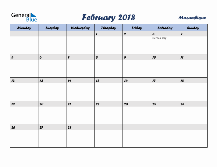 February 2018 Calendar with Holidays in Mozambique