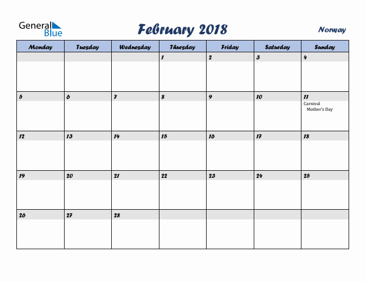 February 2018 Calendar with Holidays in Norway