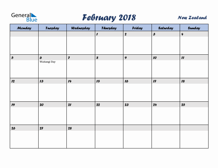 February 2018 Calendar with Holidays in New Zealand