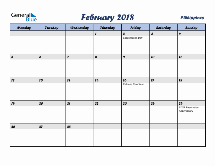 February 2018 Calendar with Holidays in Philippines