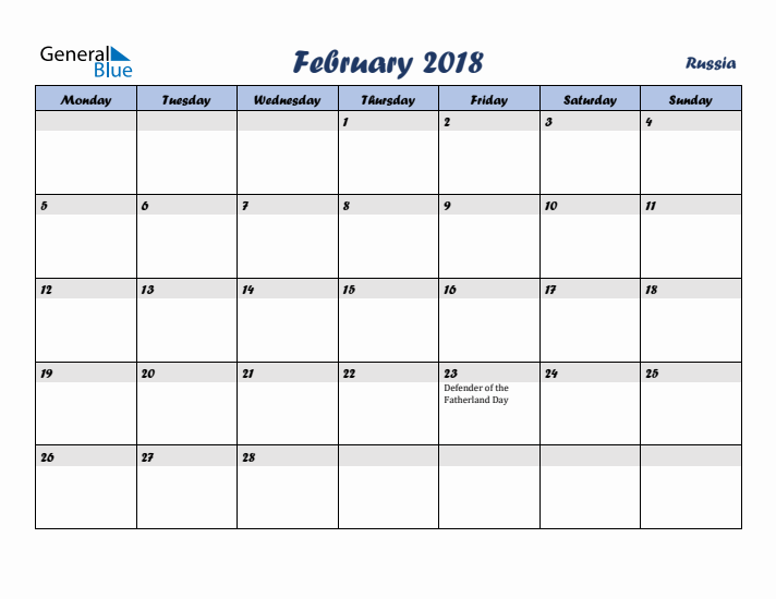 February 2018 Calendar with Holidays in Russia