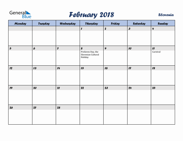 February 2018 Calendar with Holidays in Slovenia