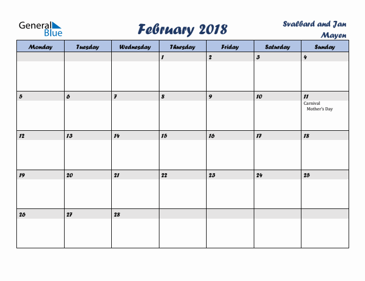 February 2018 Calendar with Holidays in Svalbard and Jan Mayen