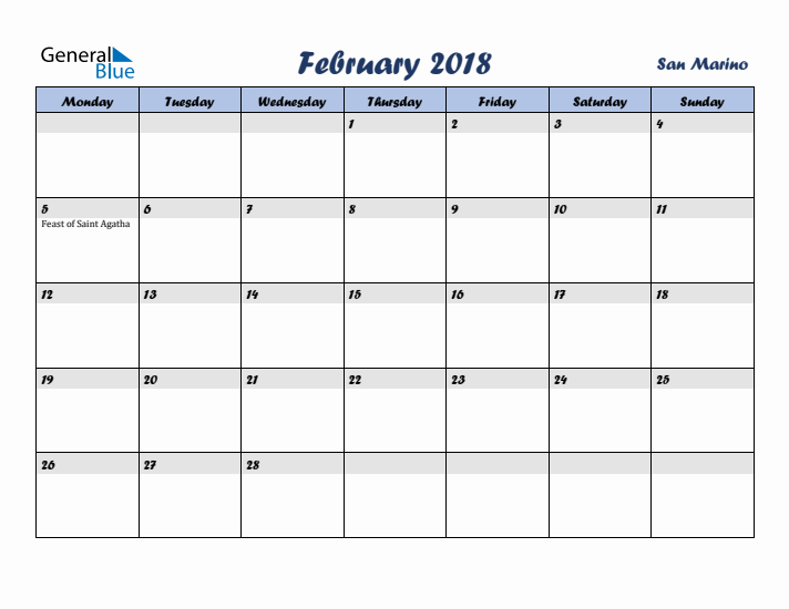 February 2018 Calendar with Holidays in San Marino