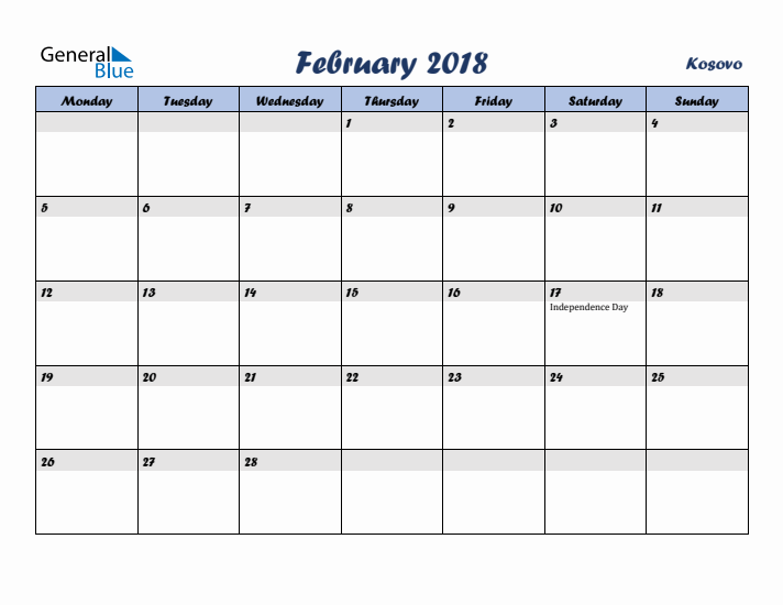 February 2018 Calendar with Holidays in Kosovo