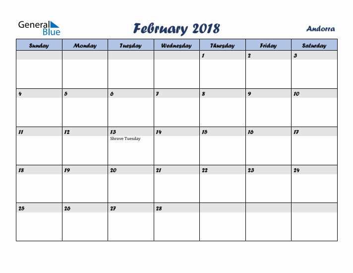 February 2018 Calendar with Holidays in Andorra