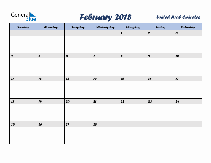 February 2018 Calendar with Holidays in United Arab Emirates