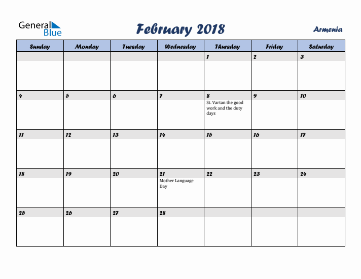 February 2018 Calendar with Holidays in Armenia