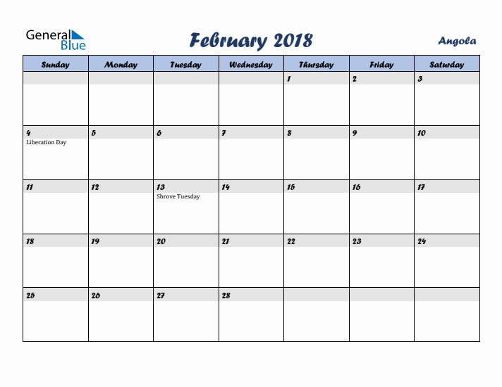 February 2018 Calendar with Holidays in Angola