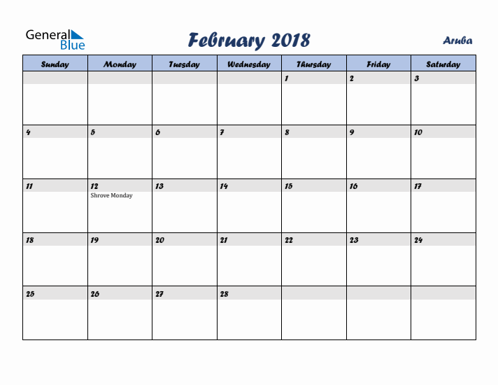 February 2018 Calendar with Holidays in Aruba