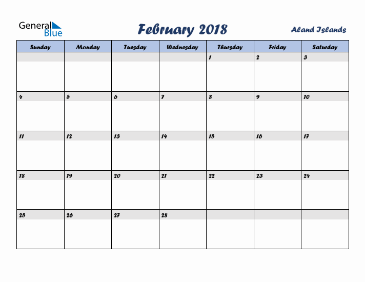 February 2018 Calendar with Holidays in Aland Islands