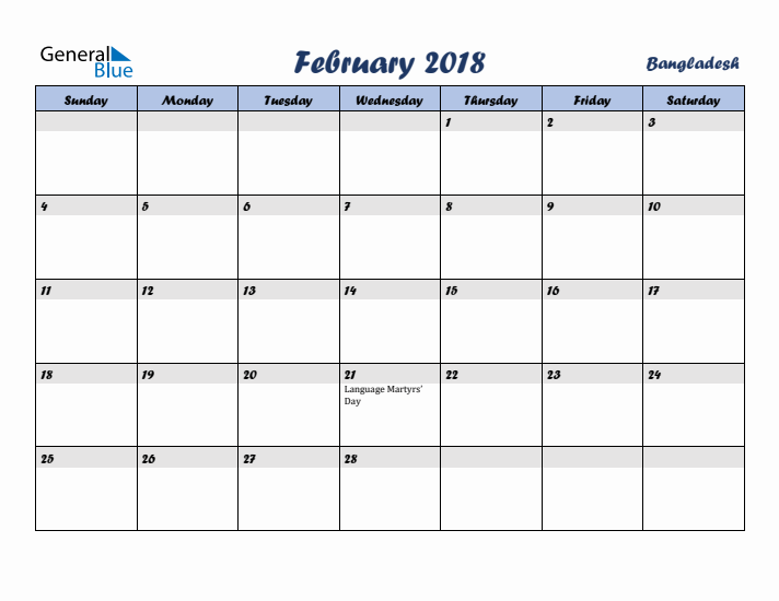 February 2018 Calendar with Holidays in Bangladesh