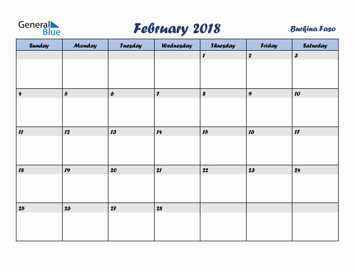 February 2018 Calendar with Holidays in Burkina Faso