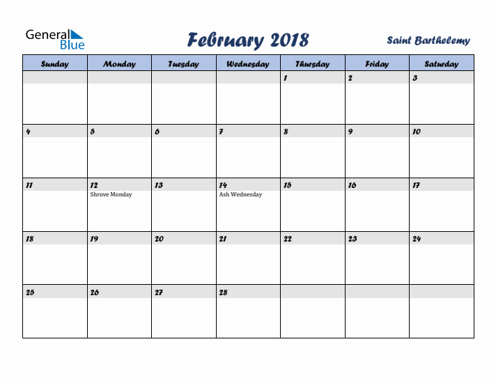 February 2018 Calendar with Holidays in Saint Barthelemy
