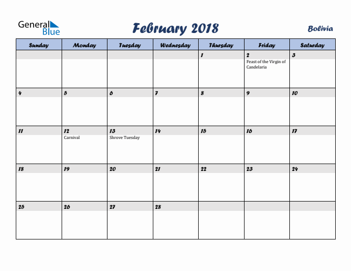 February 2018 Calendar with Holidays in Bolivia