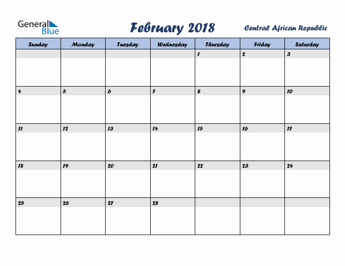 February 2018 Calendar with Holidays in Central African Republic